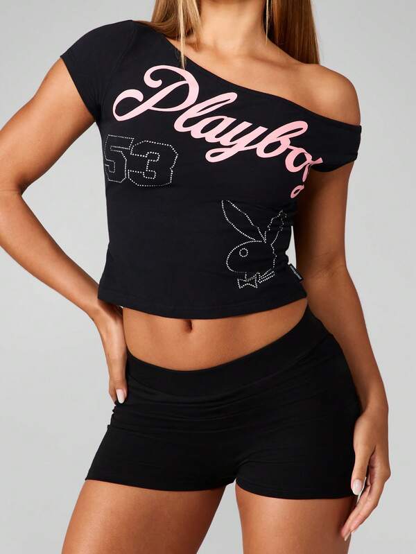 missguided Missguided x Playboy Off Shoulder Crop Top With Logo Print Design
