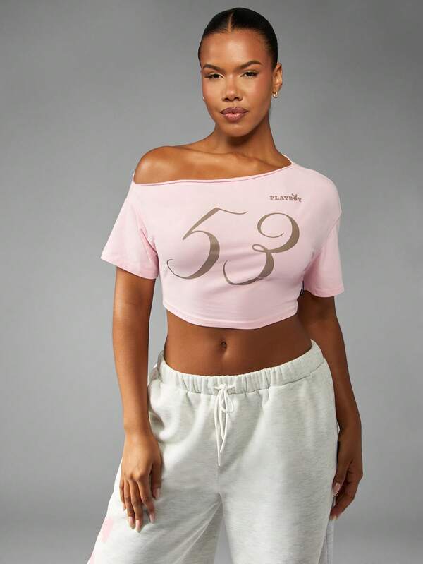 Missguided Missguided X Playboy Off Shoulder Crop Top With Number Print