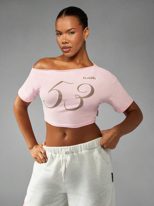 missguided Missguided x Playboy Off Shoulder Crop Top With Number Print