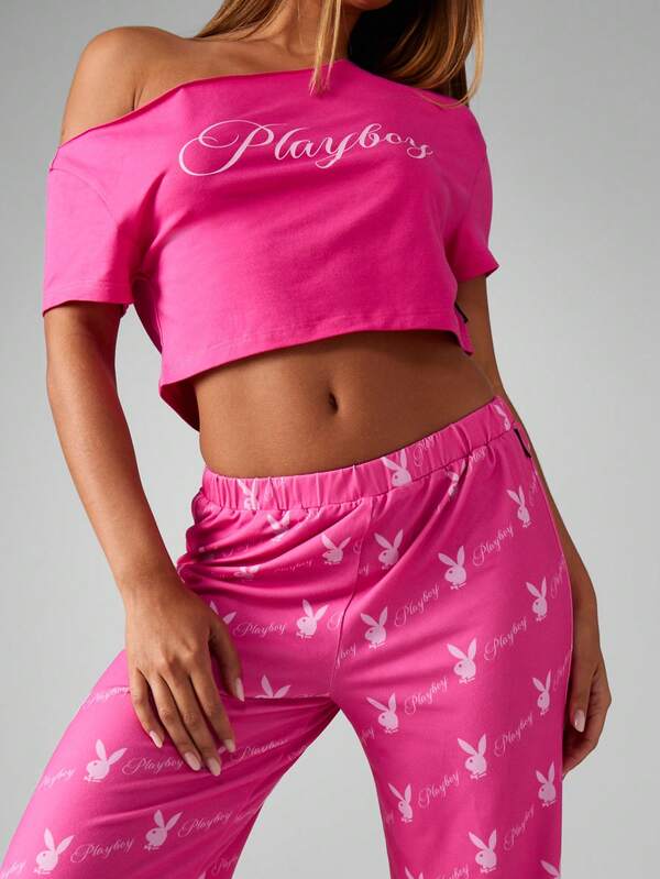 Missguided Missguided X Playboy Off Shoulder Crop Top With Pajama Pants