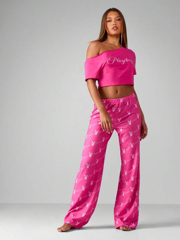 missguided Missguided x Playboy Off Shoulder Crop Top With Pajama Pants