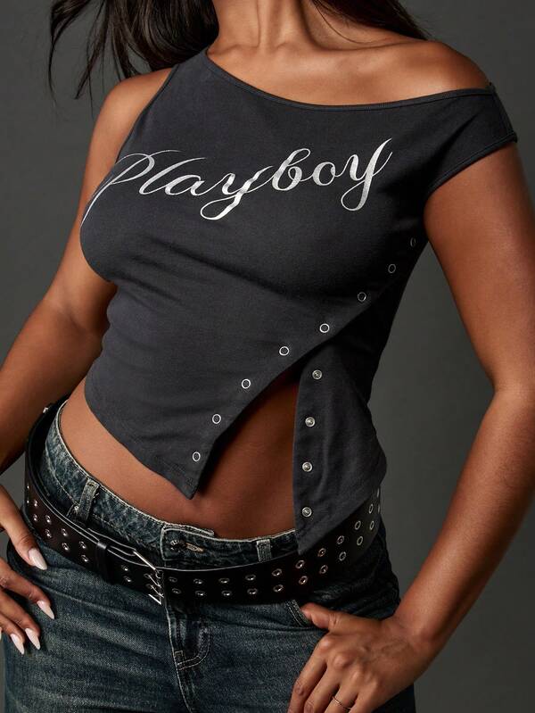 Missguided Missguided X Playboy Off Shoulder Crop Top With Side Eyelet Detail