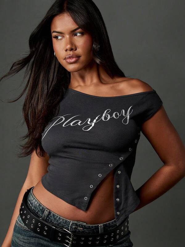 missguided Missguided x Playboy Off Shoulder Crop Top With Side Eyelet Detail