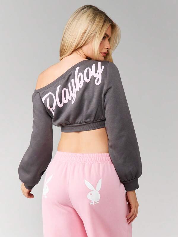 Missguided Missguided X Playboy Off Shoulder Cropped Sweatshirt With Script Print