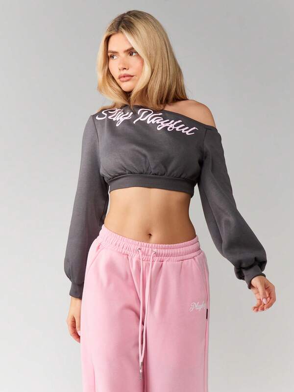 Missguided Missguided X Playboy Off Shoulder Cropped Sweatshirt With Script Print