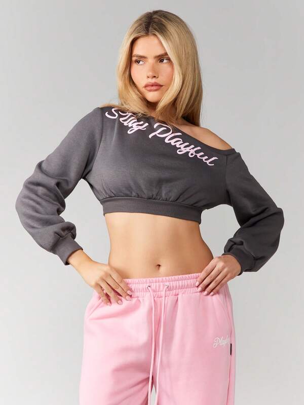 missguided Missguided x Playboy Off Shoulder Cropped Sweatshirt With Script Print