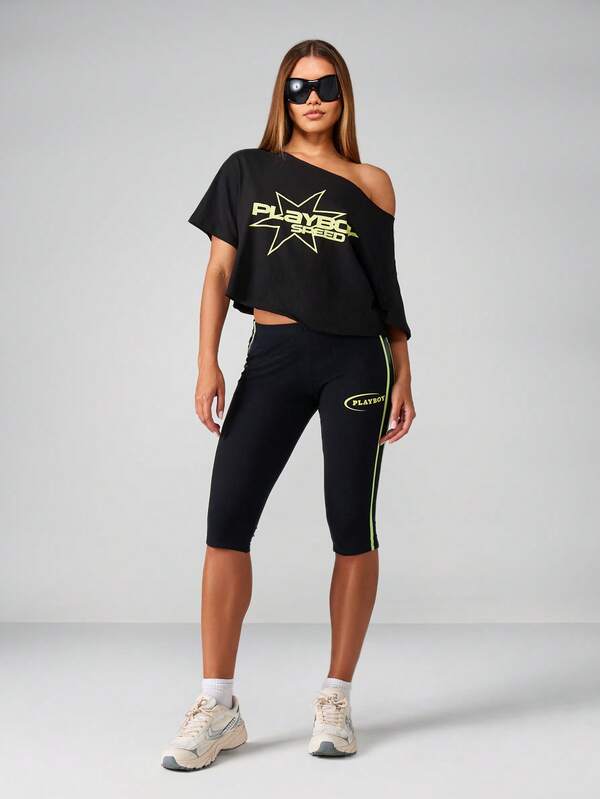 Missguided Missguided X Playboy Off Shoulder Cropped Tee With Star Logo Print