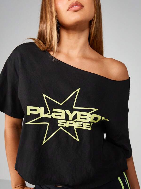 Missguided Missguided X Playboy Off Shoulder Cropped Tee With Star Logo Print