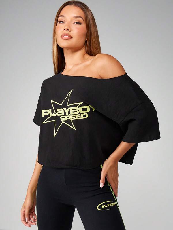 missguided Missguided x Playboy Off Shoulder Cropped Tee With Star Logo Print