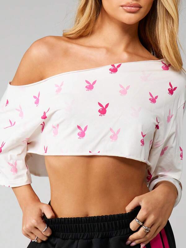 Missguided Missguided X Playboy Off Shoulder Cropped Top With Print