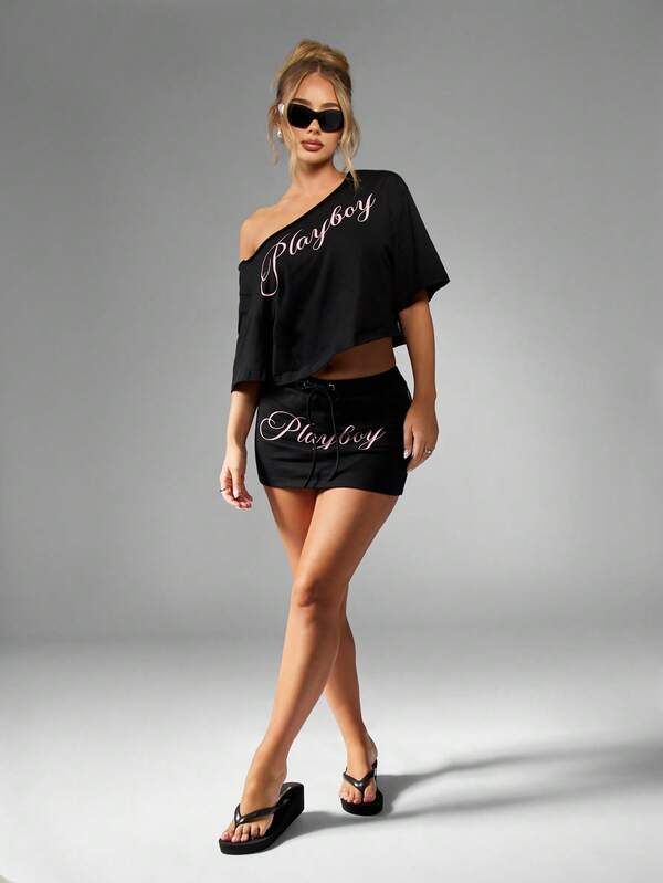Missguided Missguided X Playboy Off Shoulder Distressed Crop Top