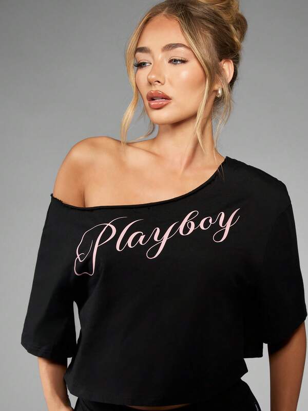 Missguided Missguided X Playboy Off Shoulder Distressed Crop Top
