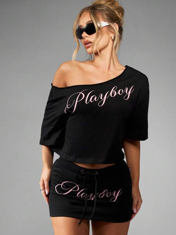 missguided Missguided x Playboy Off Shoulder Distressed Crop Top