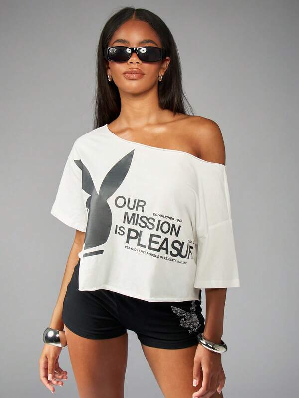 Missguided Missguided X Playboy Off Shoulder Logo Print T-Shirt With Bunny Graphic