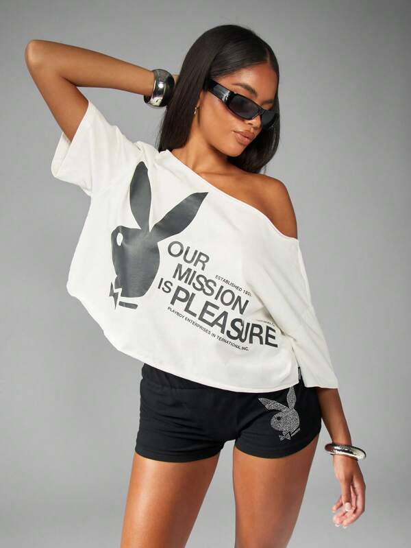 missguided Missguided x Playboy Off Shoulder Logo Print T-Shirt With Bunny Graphic
