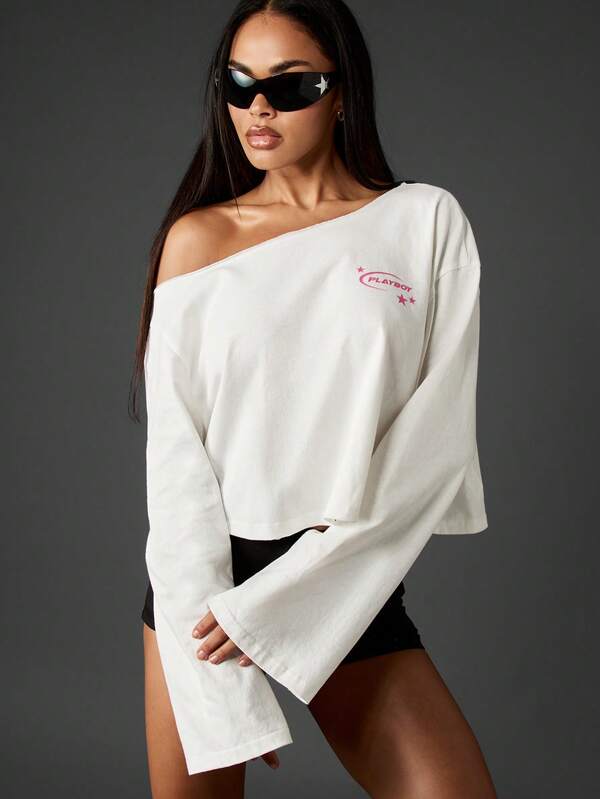 Missguided Missguided X Playboy Off-Shoulder Long Sleeve Crop Tee