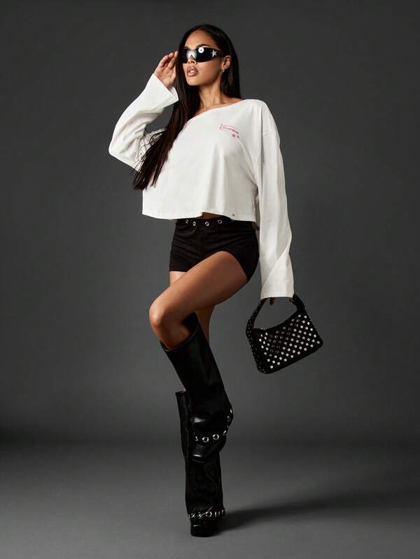 Missguided Missguided X Playboy Off-Shoulder Long Sleeve Crop Tee