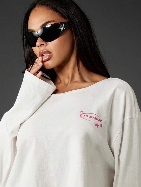 Missguided Missguided X Playboy Off-Shoulder Long Sleeve Crop Tee