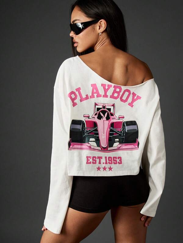 missguided Missguided x Playboy Off-Shoulder Long Sleeve Crop Tee