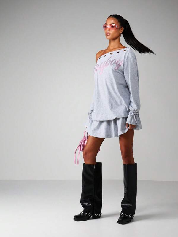 Missguided Missguided X Playboy Off Shoulder Mini Dress With Rhinestone Print