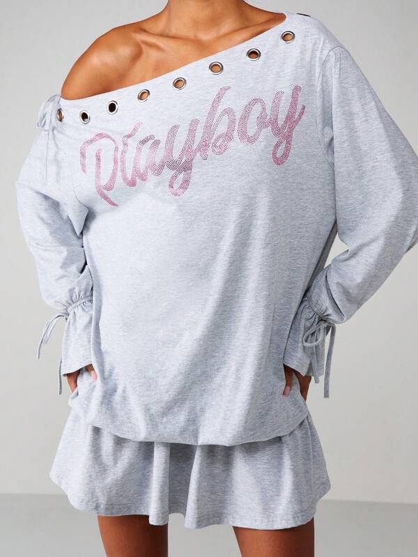 Missguided Missguided X Playboy Off Shoulder Mini Dress With Rhinestone Print