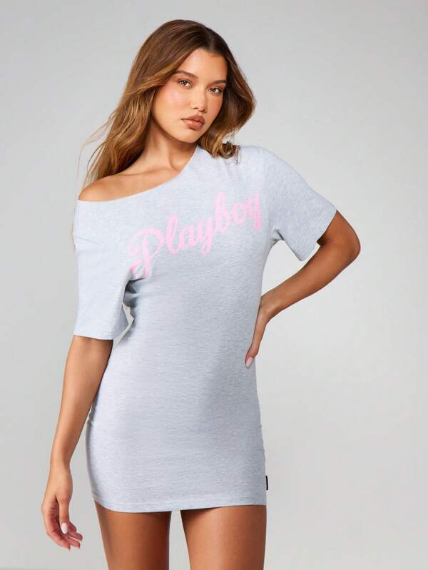 missguided Missguided x Playboy Off Shoulder Mini Dress With Script Print