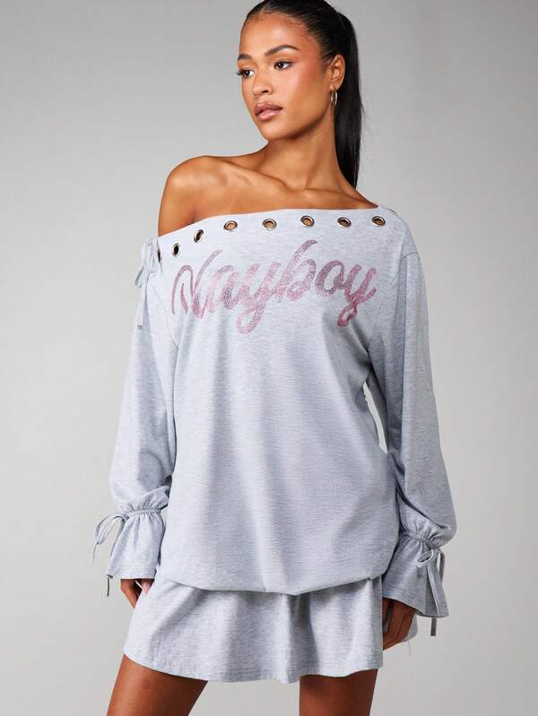missguided Missguided x Playboy Off Shoulder Mini Dress With Rhinestone Print