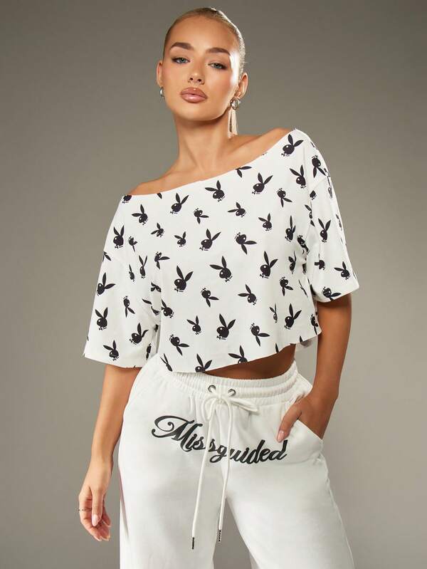 Missguided Missguided X Playboy Off Shoulder Print Cropped Top