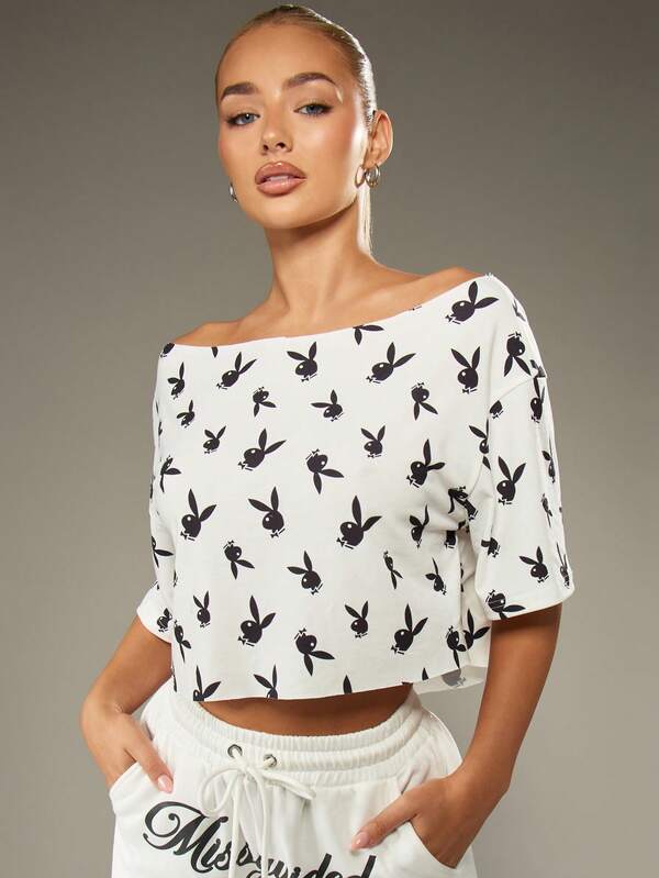 missguided Missguided x Playboy Off Shoulder Print Cropped Top