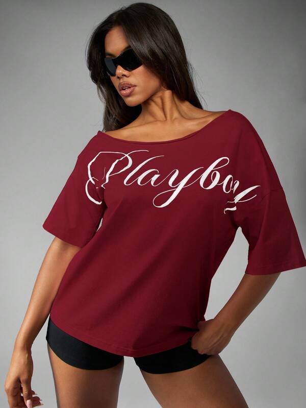 Missguided Missguided X Playboy Off Shoulder Relaxed Fit T Shirt With Script Lettering