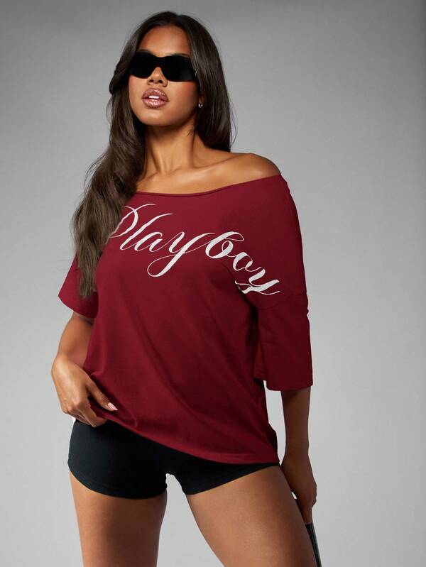 missguided Missguided x Playboy Off Shoulder Relaxed Fit T Shirt With Script Lettering