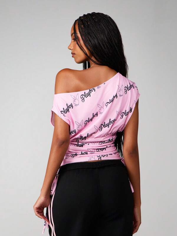 Missguided Missguided X Playboy Off Shoulder Ruched Top With Bunny Print