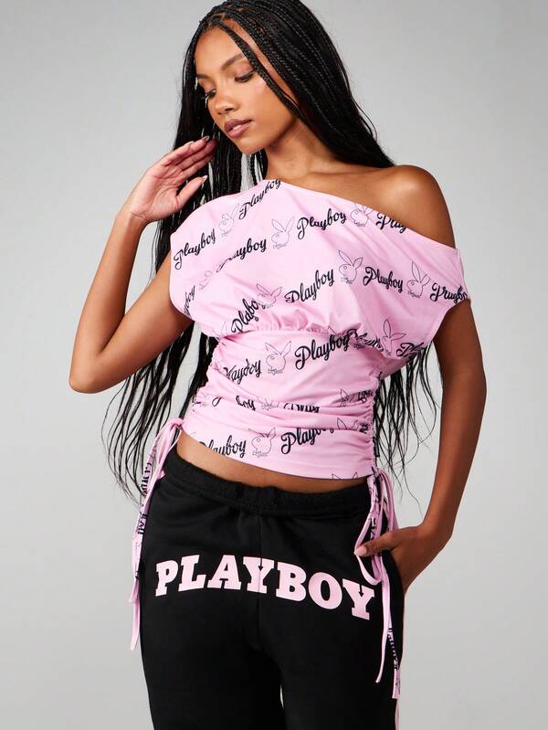 Missguided Missguided X Playboy Off Shoulder Ruched Top With Bunny Print