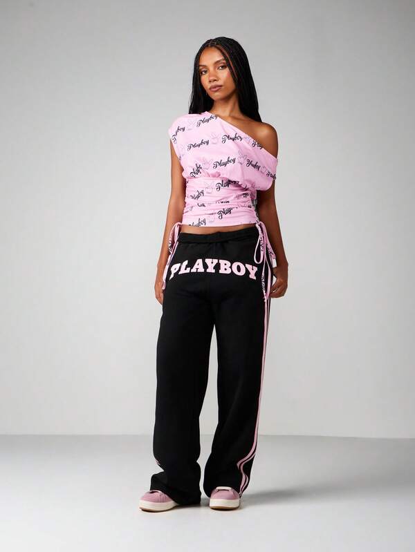 Missguided Missguided X Playboy Off Shoulder Ruched Top With Bunny Print