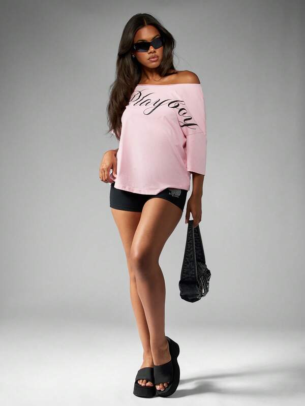 Missguided Missguided X Playboy Off Shoulder Script Graphic Relaxed Fit T-Shirt