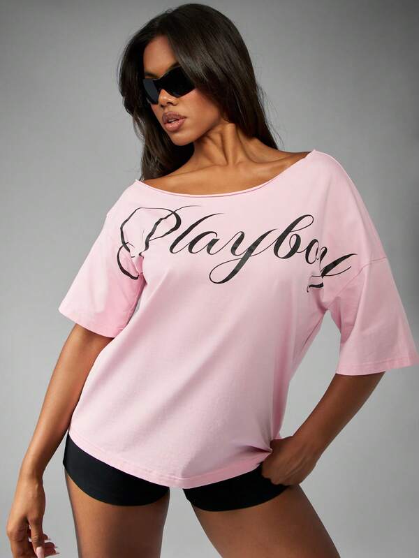Missguided Missguided X Playboy Off Shoulder Script Graphic Relaxed Fit T-Shirt