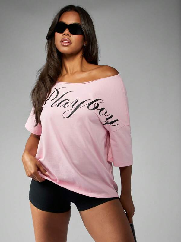 missguided Missguided x Playboy Off Shoulder Script Graphic Relaxed Fit T-Shirt