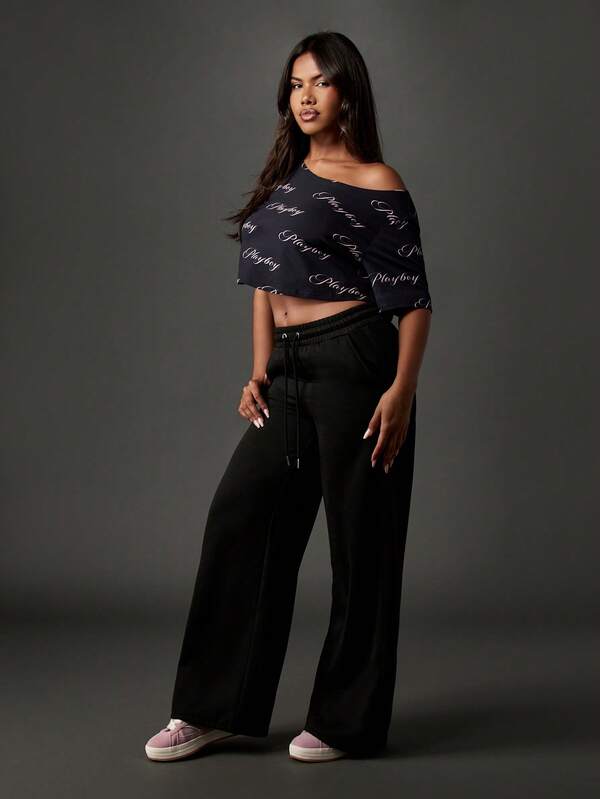 Missguided Missguided X Playboy Off Shoulder Script Print Crop Top With Short Sleeves