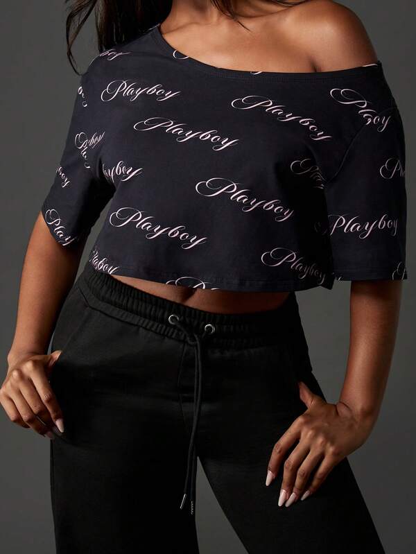 Missguided Missguided X Playboy Off Shoulder Script Print Crop Top With Short Sleeves