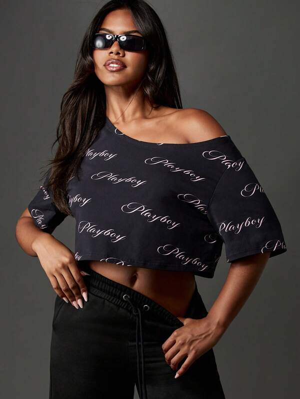 missguided Missguided x Playboy Off Shoulder Script Print Crop Top With Short Sleeves