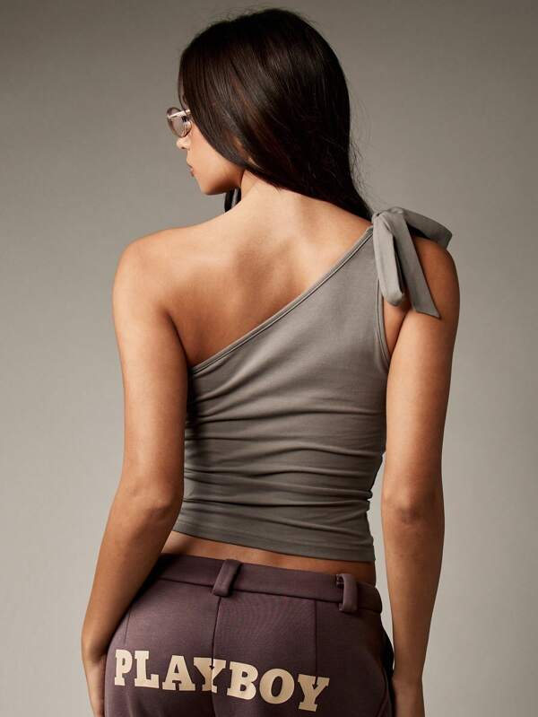 Missguided Missguided X Playboy One Shoulder Asymmetrical Crop Tie Shoulder Rhinestone Embellished Tank Top