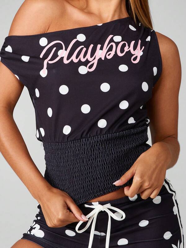 Missguided Missguided X Playboy One Shoulder Polka Dot Top With Smocked Waist