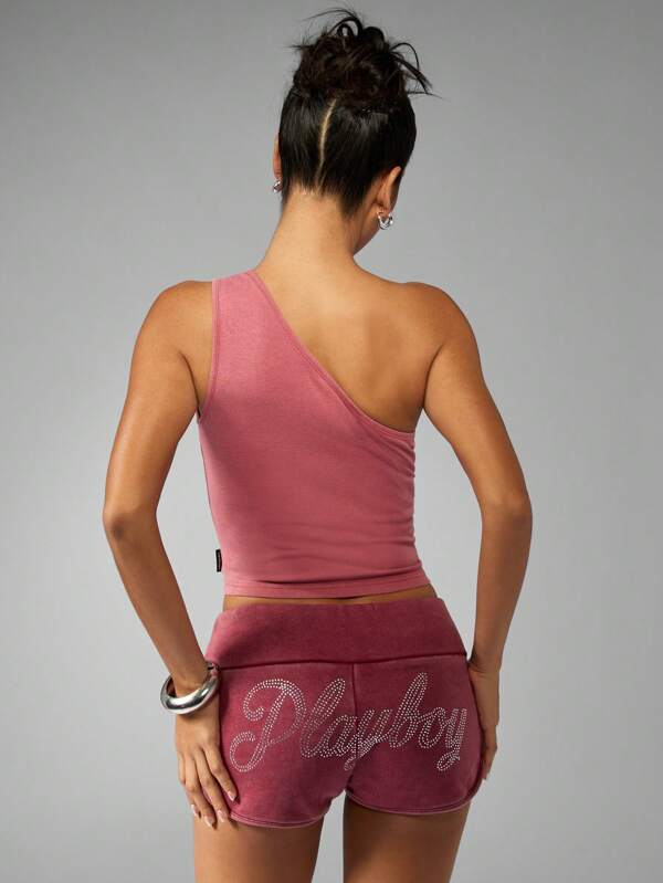 Missguided Missguided X Playboy One Shoulder Rhinestone Crystal Bunny Crop Tank Top