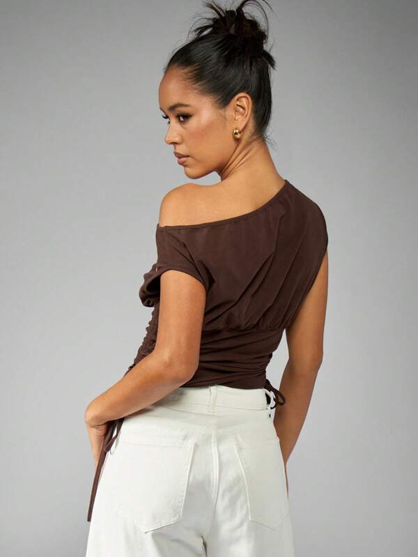 Missguided Missguided X Playboy One Shoulder Rouched Side Fitted Gathered Varsity Top