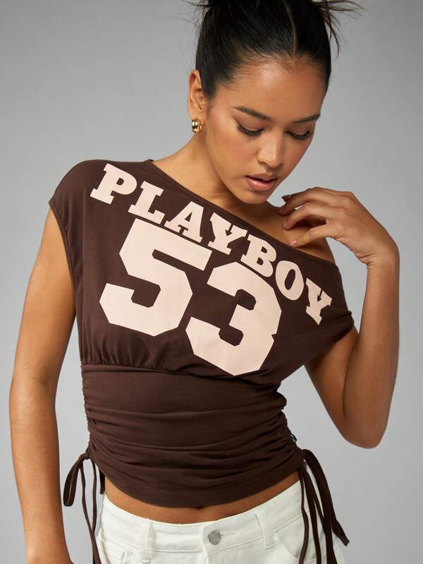 missguided Missguided x Playboy One Shoulder Rouched Side Fitted Gathered Varsity Top