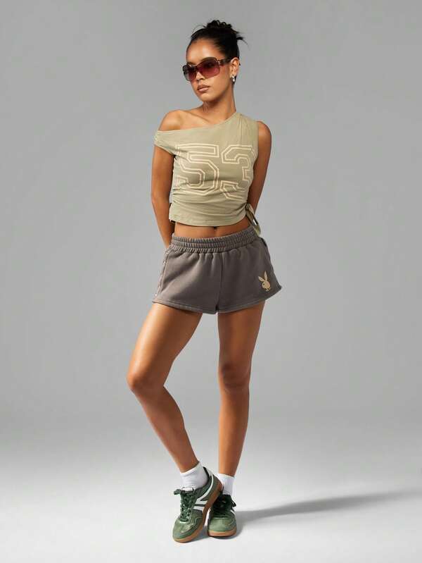 Missguided Missguided X Playboy One Shoulder Side Tie Crop Sports Number Graphic Print T-Shirt