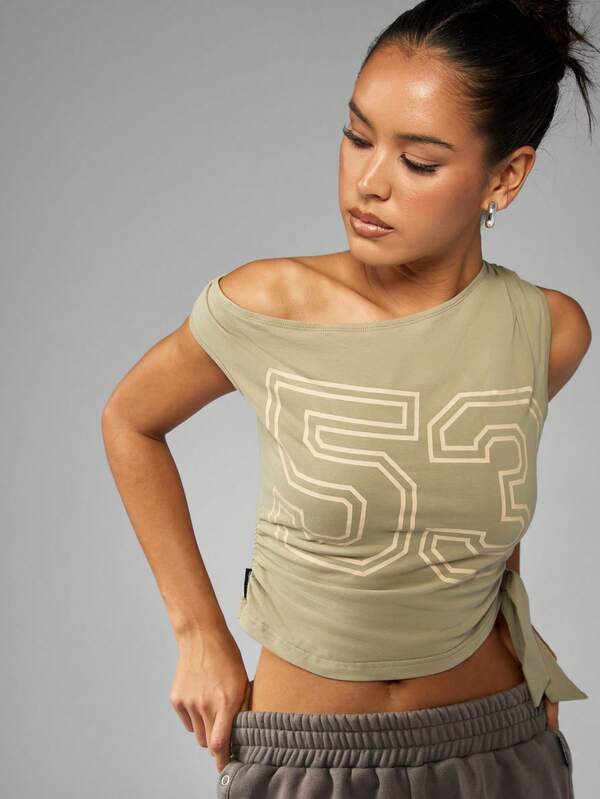 Missguided Missguided X Playboy One Shoulder Side Tie Crop Sports Number Graphic Print T-Shirt
