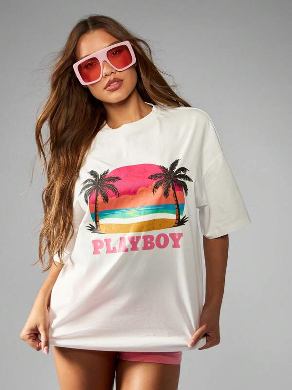 Missguided Missguided X Playboy Oversize Retro Beach Scene Sunset Palm Tree Print T-Shirt