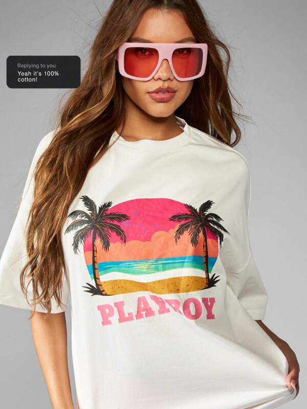 missguided Missguided x Playboy Oversize Retro Beach Scene Sunset Palm Tree Print T-Shirt
