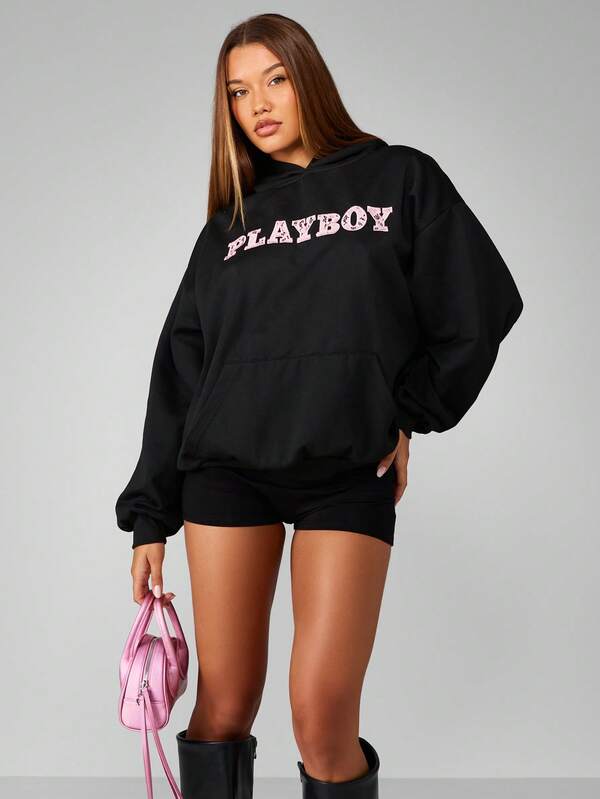 Missguided Missguided X Playboy Oversized Black Hoodie With Lace Pattern Design